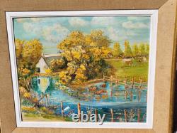 Tableau ancien Paysage Bord de Rivière Animé Peinture huile sur panneau D Isorel