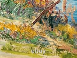 Tableau ancien Paysage Bord de Rivière Animé Peinture huile sur panneau D Isorel