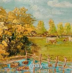 Tableau ancien Paysage Bord de Rivière Animé Peinture huile sur panneau D Isorel