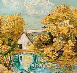 Tableau ancien Paysage Bord de Rivière Animé Peinture huile sur panneau D Isorel