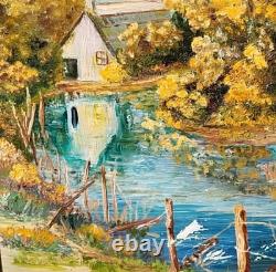 Tableau ancien Paysage Bord de Rivière Animé Peinture huile sur panneau D Isorel