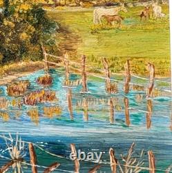Tableau ancien Paysage Bord de Rivière Animé Peinture huile sur panneau D Isorel