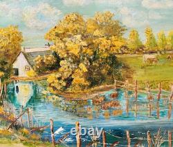 Tableau ancien Paysage Bord de Rivière Animé Peinture huile sur panneau D Isorel