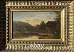 Tableau ancien. Paysage Rural au Bord de L'eau. Peinture huile sur panneau bois