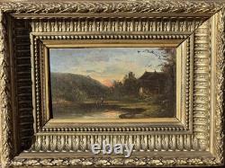 Tableau ancien. Paysage Rural au Bord de L'eau. Peinture huile sur panneau bois