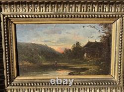 Tableau ancien. Paysage Rural au Bord de L'eau. Peinture huile sur panneau bois