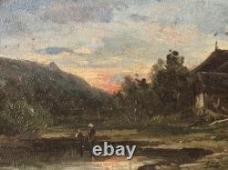 Tableau ancien. Paysage Rural au Bord de L'eau. Peinture huile sur panneau bois