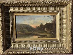 Tableau ancien. Paysage Rural au Bord de L'eau. Peinture huile sur panneau bois