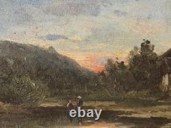 Tableau ancien. Paysage Rural au Bord de L'eau. Peinture huile sur panneau bois