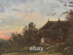 Tableau ancien. Paysage Rural au Bord de L'eau. Peinture huile sur panneau bois