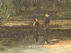 Tableau ancien. Paysage Rural au Bord de L'eau. Peinture huile sur panneau bois