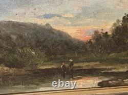 Tableau ancien. Paysage Rural au Bord de L'eau. Peinture huile sur panneau bois