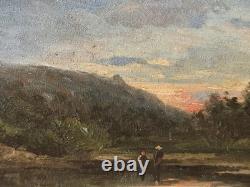 Tableau ancien. Paysage Rural au Bord de L'eau. Peinture huile sur panneau bois