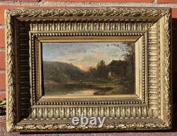 Tableau ancien. Paysage Rural au Bord de L'eau. Peinture huile sur panneau bois
