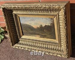 Tableau ancien. Paysage Rural au Bord de L'eau. Peinture huile sur panneau bois