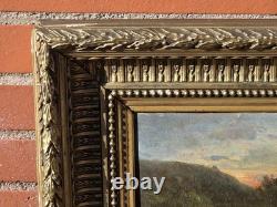 Tableau ancien. Paysage Rural au Bord de L'eau. Peinture huile sur panneau bois