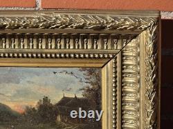 Tableau ancien. Paysage Rural au Bord de L'eau. Peinture huile sur panneau bois