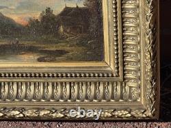 Tableau ancien. Paysage Rural au Bord de L'eau. Peinture huile sur panneau bois
