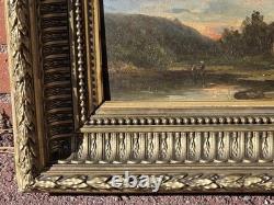 Tableau ancien. Paysage Rural au Bord de L'eau. Peinture huile sur panneau bois