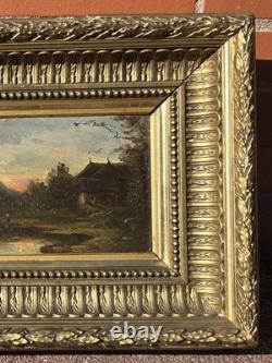 Tableau ancien. Paysage Rural au Bord de L'eau. Peinture huile sur panneau bois