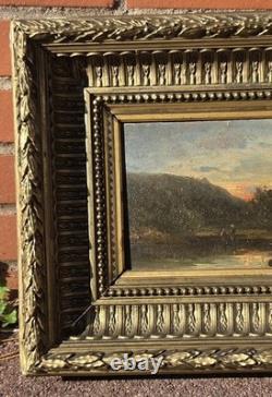 Tableau ancien. Paysage Rural au Bord de L'eau. Peinture huile sur panneau bois