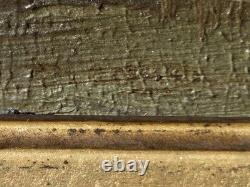 Tableau ancien. Paysage Rural au Bord de L'eau. Peinture huile sur panneau bois