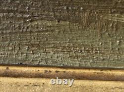 Tableau ancien. Paysage Rural au Bord de L'eau. Peinture huile sur panneau bois