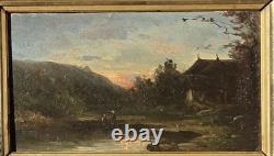 Tableau ancien. Paysage Rural au Bord de L'eau. Peinture huile sur panneau bois