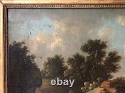 Tableau ancien, Paysage animé à la cascade, Peinture XIXe ou avant, Grand format
