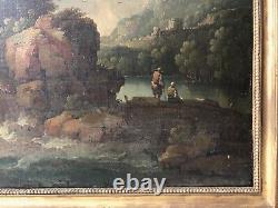 Tableau ancien, Paysage animé à la cascade, Peinture XIXe ou avant, Grand format