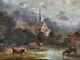 Tableau ancien. Paysage animées Peinture huile sur panneau de bois. Style XlX°