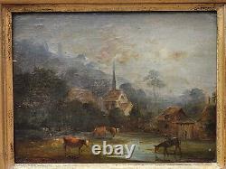 Tableau ancien. Paysage animées Peinture huile sur panneau de bois. Style XlX°