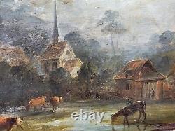Tableau ancien. Paysage animées Peinture huile sur panneau de bois. Style XlX°