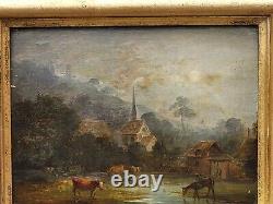 Tableau ancien. Paysage animées Peinture huile sur panneau de bois. Style XlX°