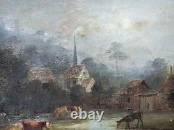 Tableau ancien. Paysage animées Peinture huile sur panneau de bois. Style XlX°