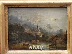 Tableau ancien. Paysage animées Peinture huile sur panneau de bois. Style XlX°