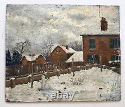 Tableau ancien, Paysage au bonhomme de neige, Huile sur panneau, Fin XIXe
