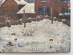 Tableau ancien, Paysage au bonhomme de neige, Huile sur panneau, Fin XIXe
