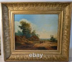 Tableau ancien Paysage de campagne 19 eme siecle Huile sur panneau