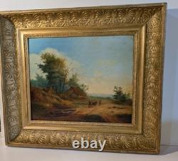 Tableau ancien Paysage de campagne 19 eme siecle Huile sur panneau