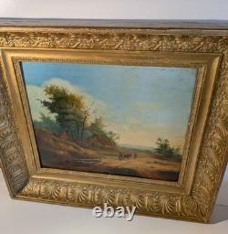 Tableau ancien Paysage de campagne 19 eme siecle Huile sur panneau