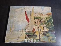 Tableau ancien Peinture A huile Signer. Lac paysage est bateau