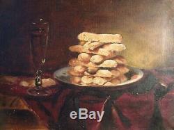 Tableau ancien Peinture Huile e morte Biscuits daté 1882