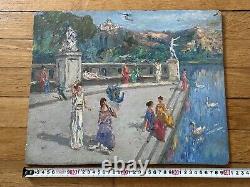Tableau ancien Peinture Huile sur Panneau Bord de Lac (L18)