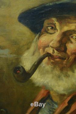 Tableau ancien Portait homme a LA PIPE BISTROT FUMEUR Tabacologie LAMBERT hst 19