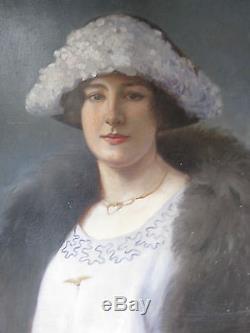 Tableau ancien Portrait Dame Notable Huile Toile signée J. CHAULEUR 1903