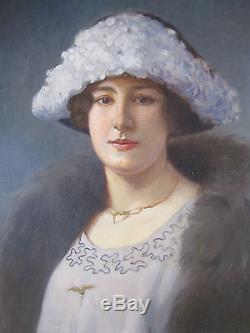 Tableau ancien Portrait Dame Notable Huile Toile signée J. CHAULEUR 1903