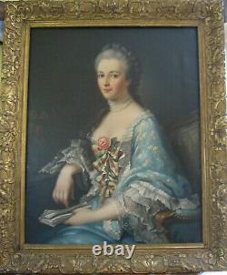 Tableau ancien Portrait Dame de qualité Rose Huile Toile XIXe Shabby chic Signé