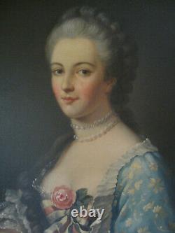 Tableau ancien Portrait Dame de qualité Rose Huile Toile XIXe Shabby chic Signé