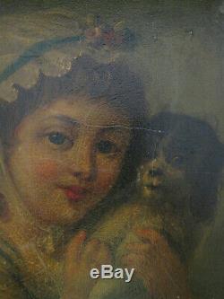Tableau ancien Portrait Enfant Huile Toile Fillette et son chien Début XIXe